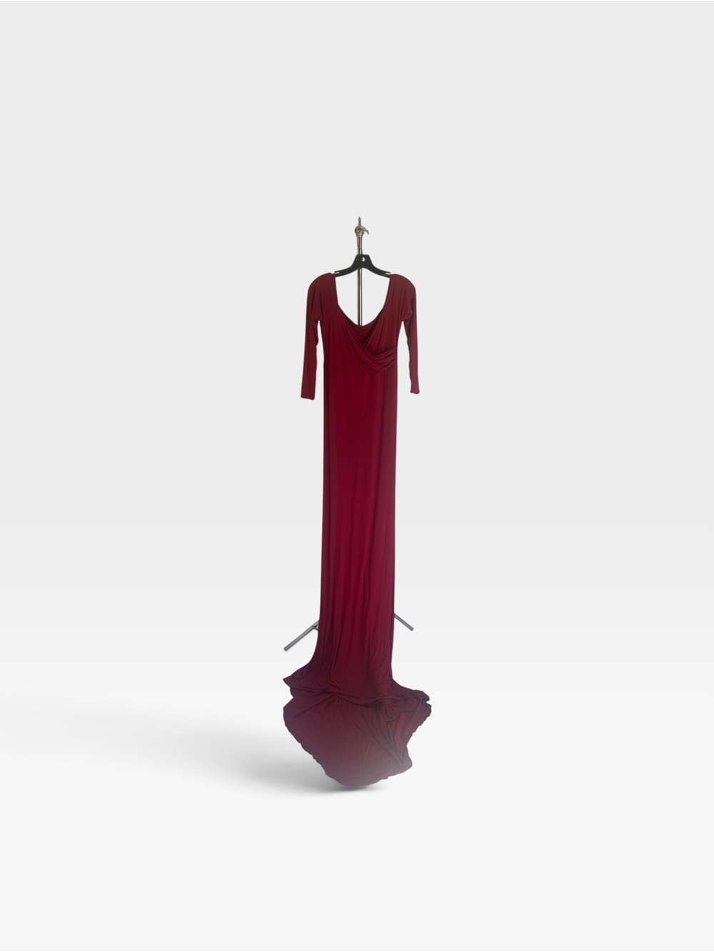 Long Sleeve Wine-Red Maxi Maternity Dress with Draped V-Neck and train